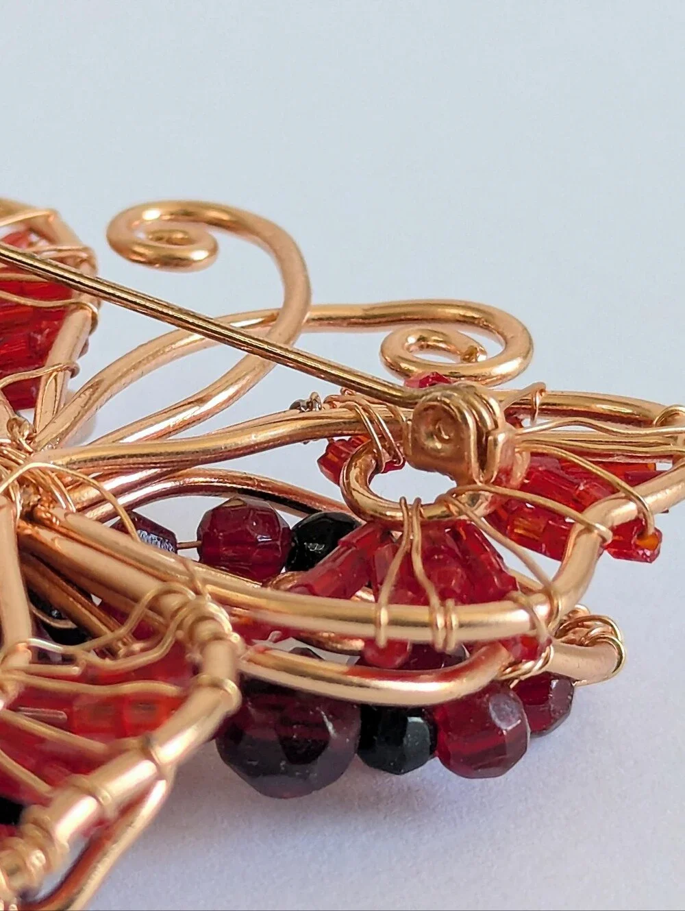 Vintage Wire Wrapped Butterfly Brooch Red Garnet Black Bead Art Glass Boho Pin